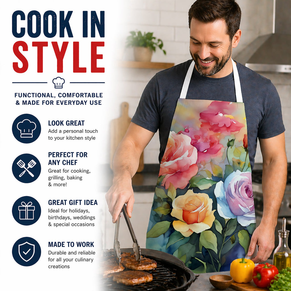 Roses in Watercolor Apron Cooking Kitchen Server Baking Crafts Gardening for Adult Women Men, Unisex, Large, Multicolor