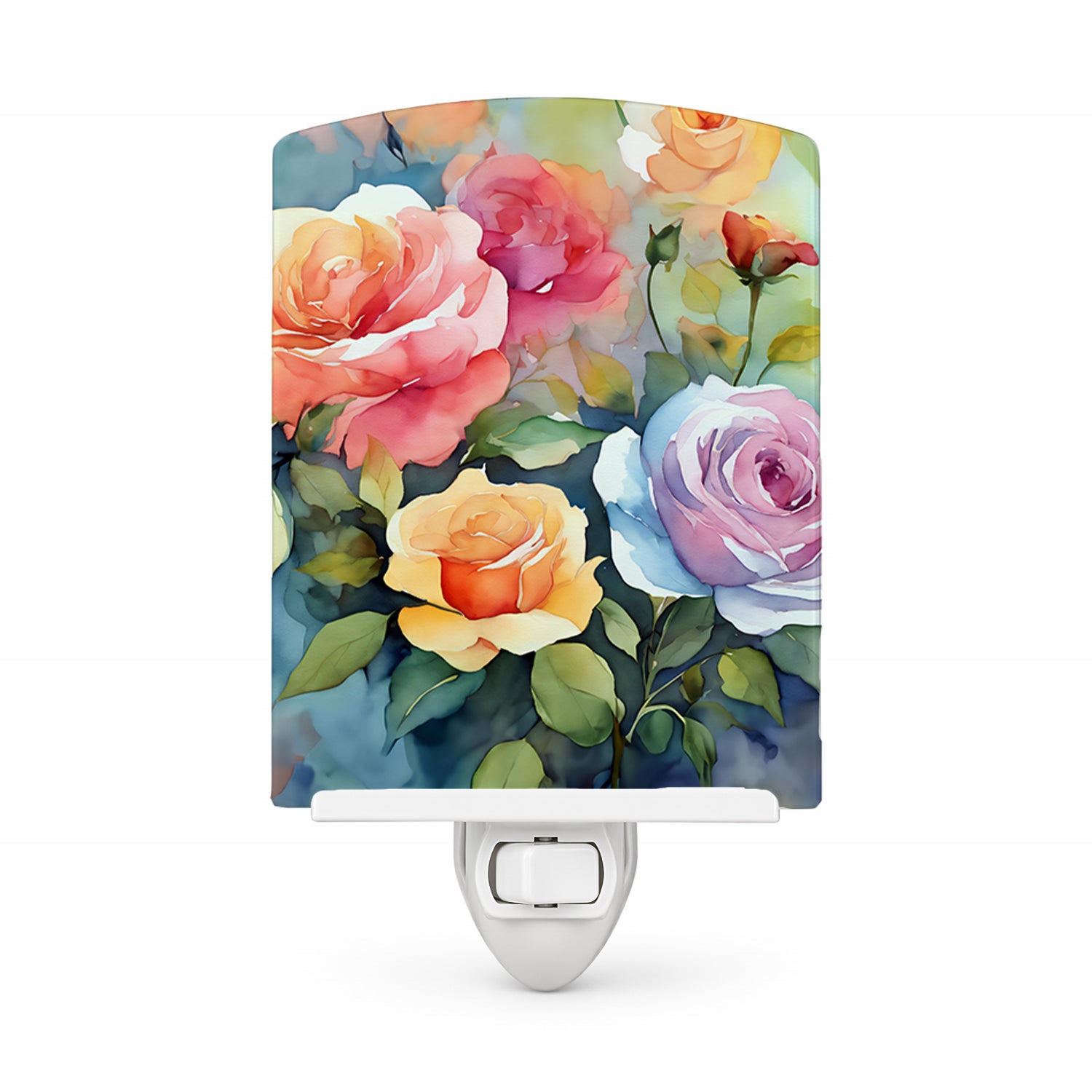 Roses in Watercolor Ceramic Night Light Compact, UL-Certified, Ideal for Bedroom, Bathroom, Nursery, Hallway, Kitchen, 6x4x3, Multicolor