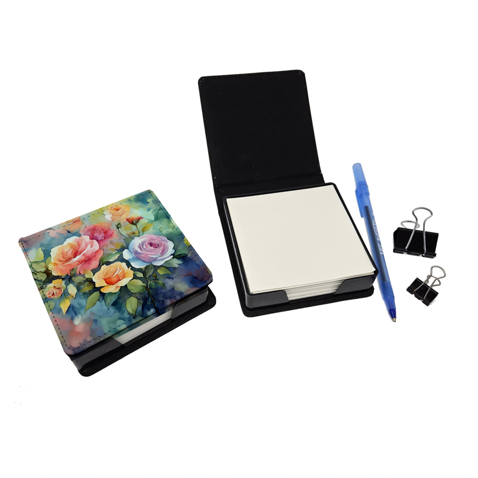 Roses in Watercolor PU Leather Note Paper Holder with Artist-Designed Cover, Desk Accessory, Office Gift