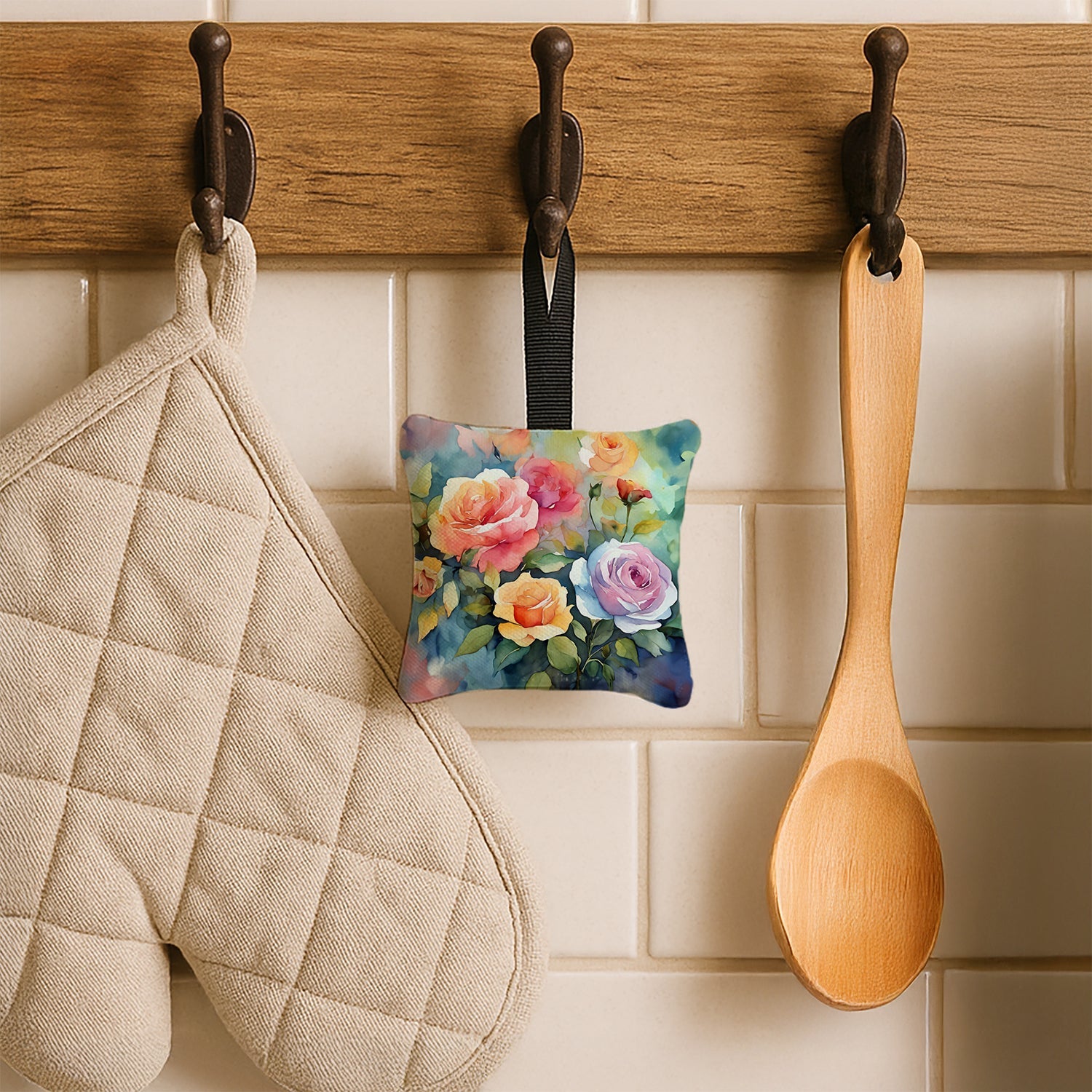 Roses in Watercolor Hanging Square Fabric Ornament 3.5 × 3.5 Decorative Door-Knob & Tree Hanger, Soft Fabric