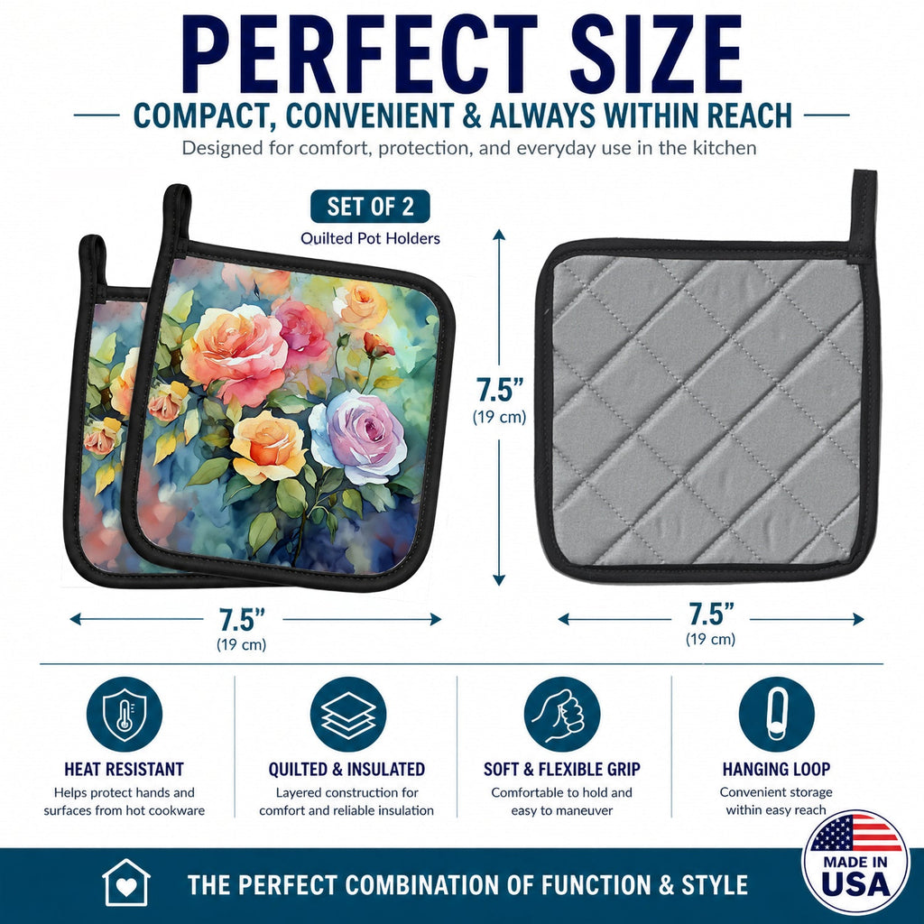Roses in Watercolor Pot Holder Set of 2 Heat Resistant Quilted Hot Pads 7.5 x 7.5 Inch, Insulated Kitchen Trivets for Cooking & Baking