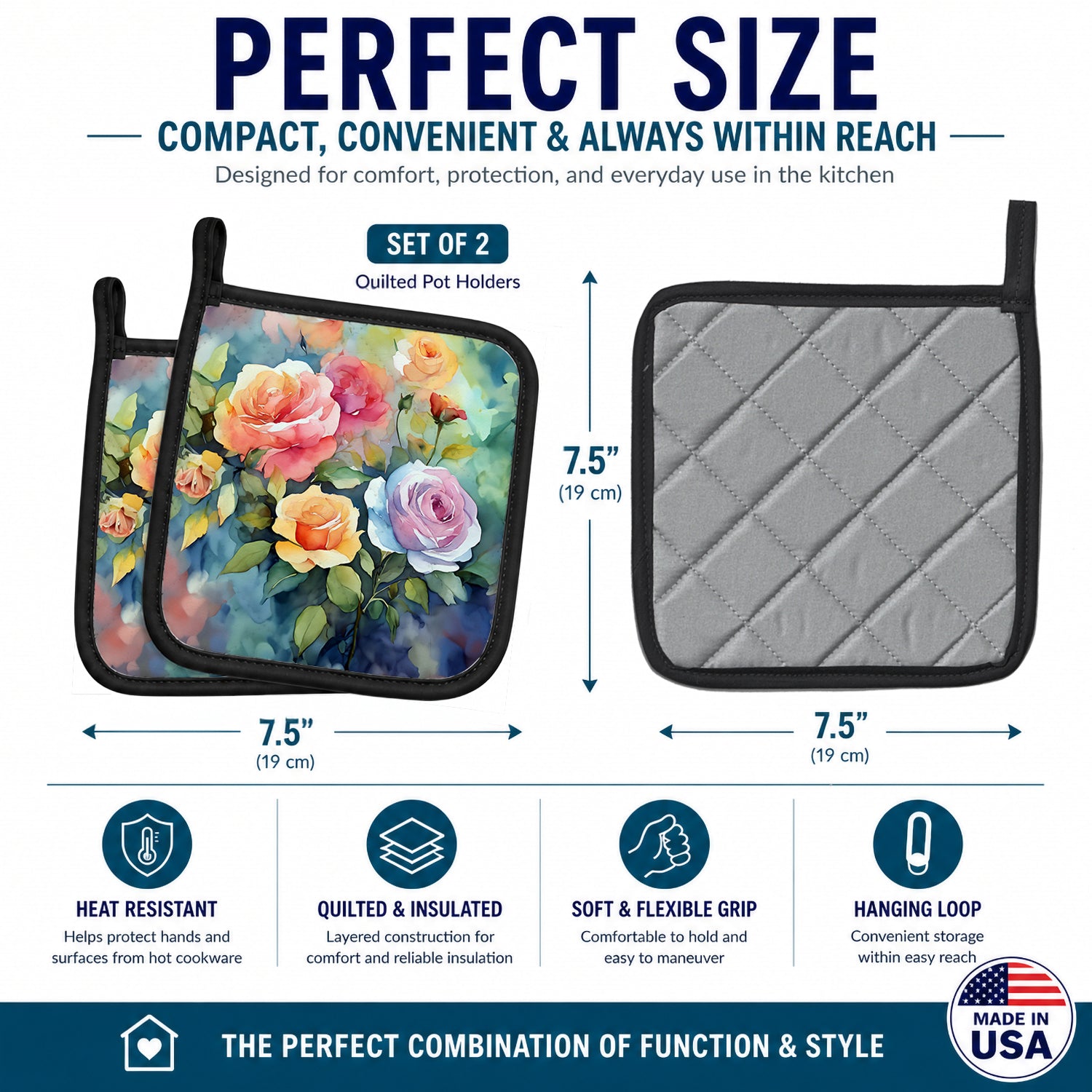 Roses in Watercolor Pot Holder Set of 2 Heat Resistant Quilted Hot Pads 7.5 x 7.5 Inch, Insulated Kitchen Trivets for Cooking & Baking