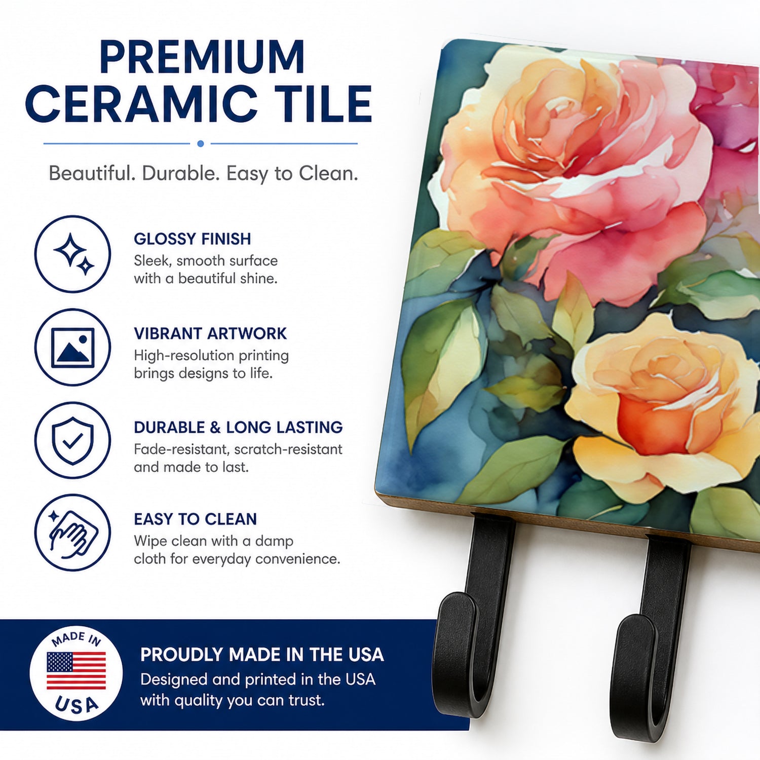 Roses in Watercolor Leash or Key Holder Wall Hooks, Coat Rack Wall Mount, for Hanging Keys, Towels, Aprons, Leashes