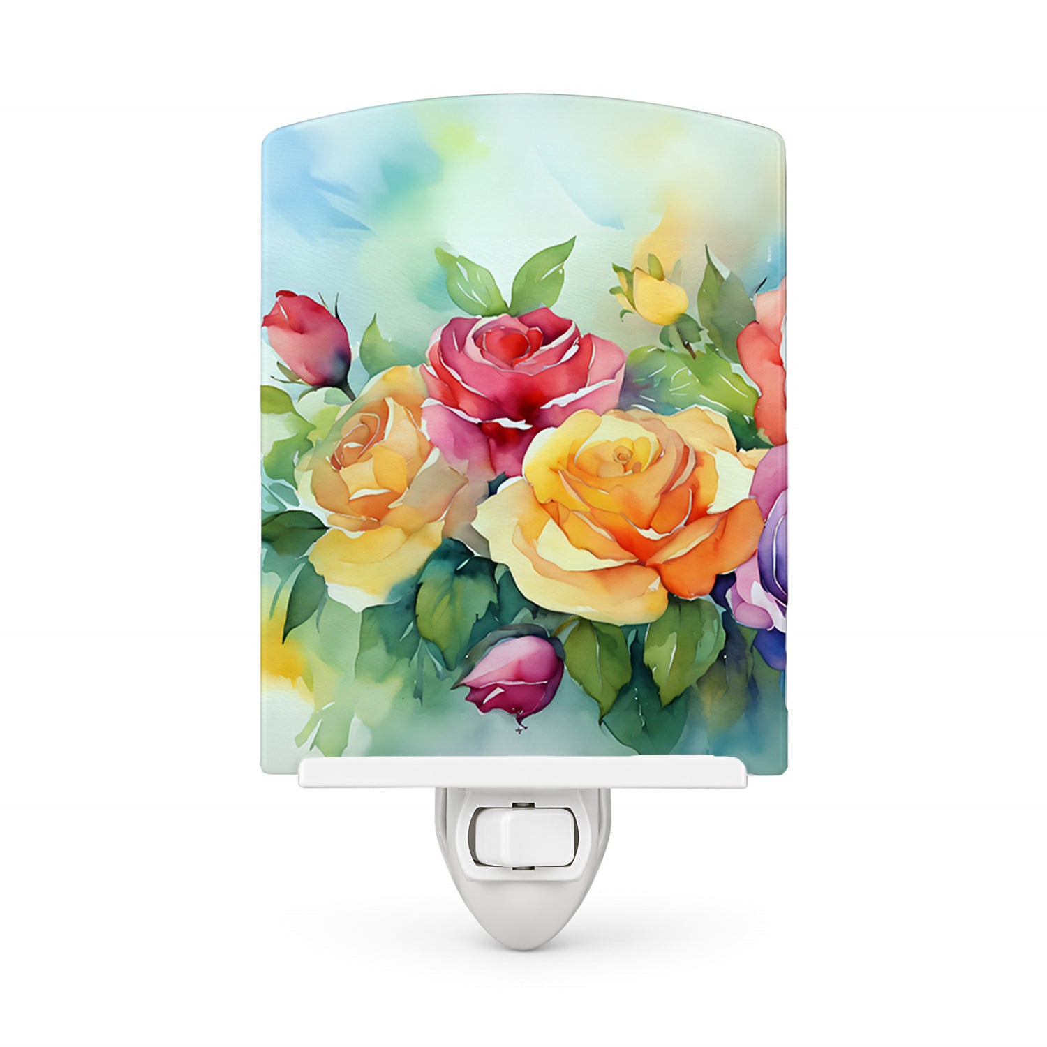 Roses in Watercolor Ceramic Night Light Compact, UL-Certified, Ideal for Bedroom, Bathroom, Nursery, Hallway, Kitchen, 6x4x3, Multicolor