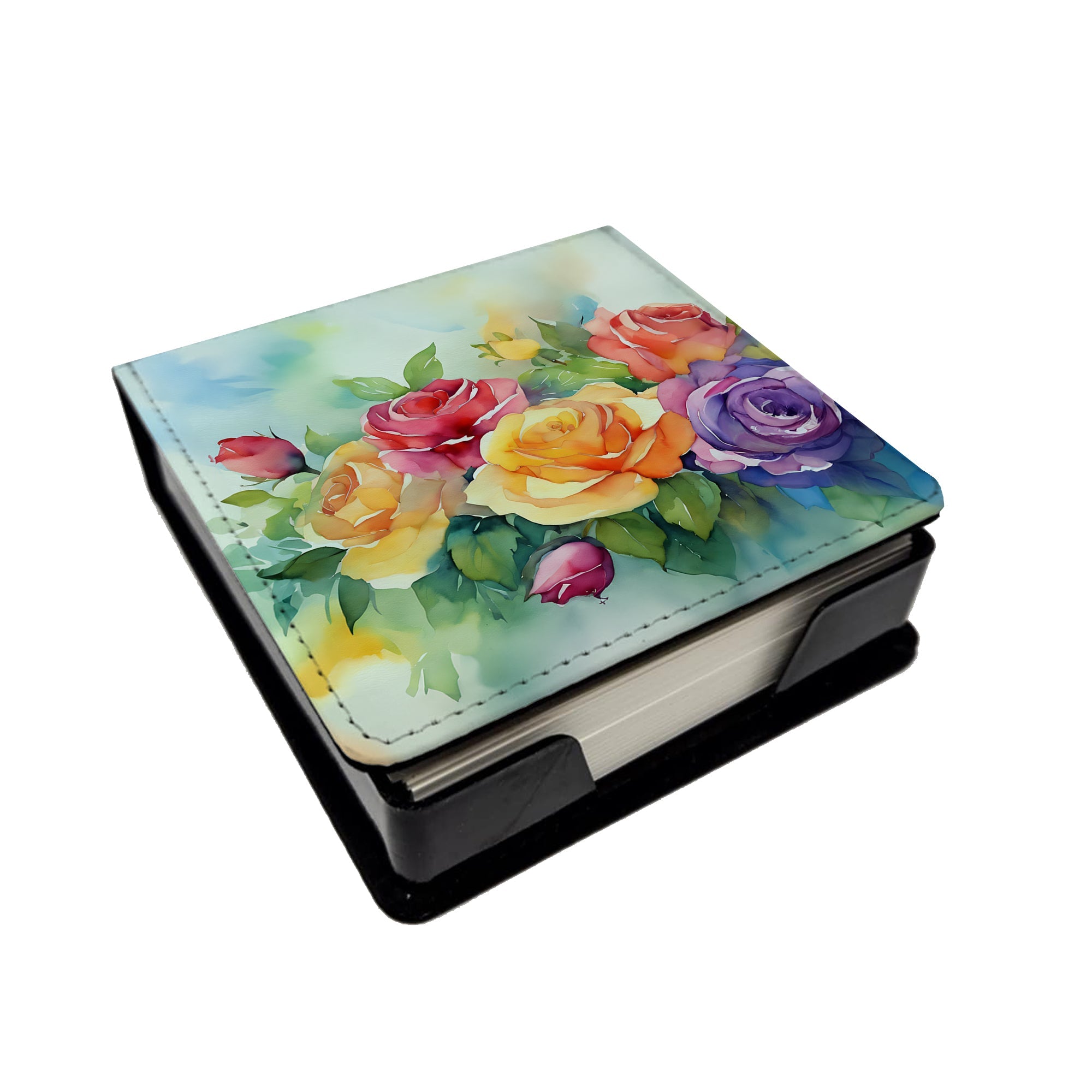 Roses in Watercolor PU Leather Note Paper Holder with Artist-Designed Cover, Desk Accessory, Office Gift