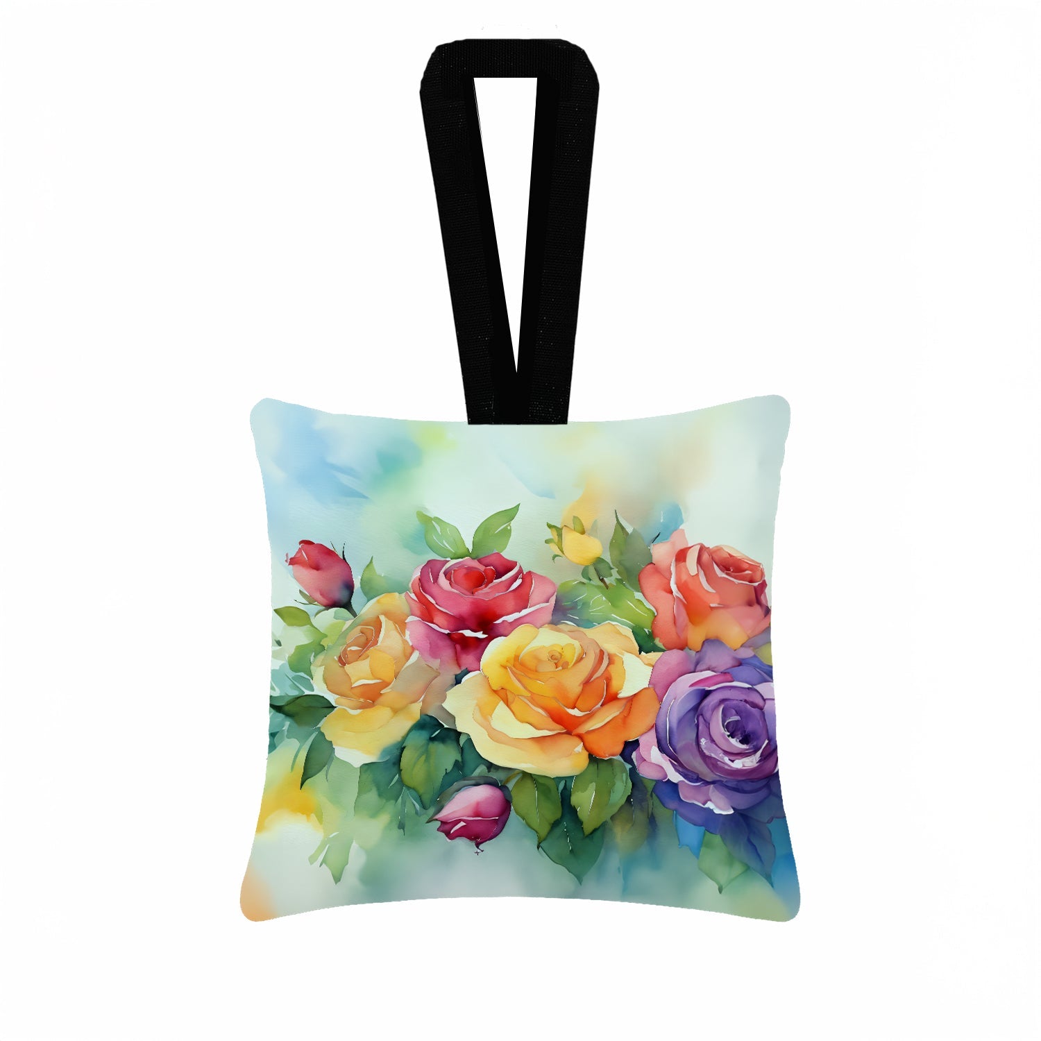 Roses in Watercolor Hanging Square Fabric Ornament 3.5 × 3.5 Decorative Door-Knob & Tree Hanger, Soft Fabric