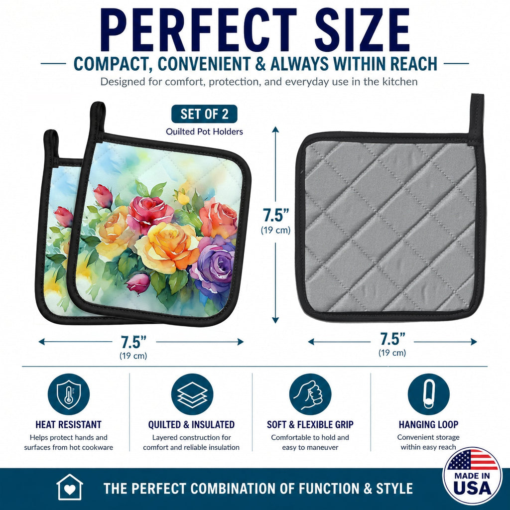 Roses in Watercolor Pot Holder Set of 2 Heat Resistant Quilted Hot Pads 7.5 x 7.5 Inch, Insulated Kitchen Trivets for Cooking & Baking