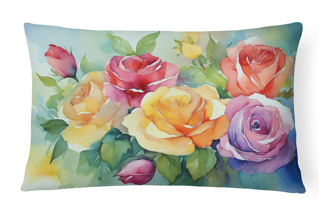 Roses in Watercolor Decorative Throw Pillow 12x16 Indoor Outdoor Accent Cushion, Fabric Cover with Insert for Sofa, Bed, Porch & Living Room