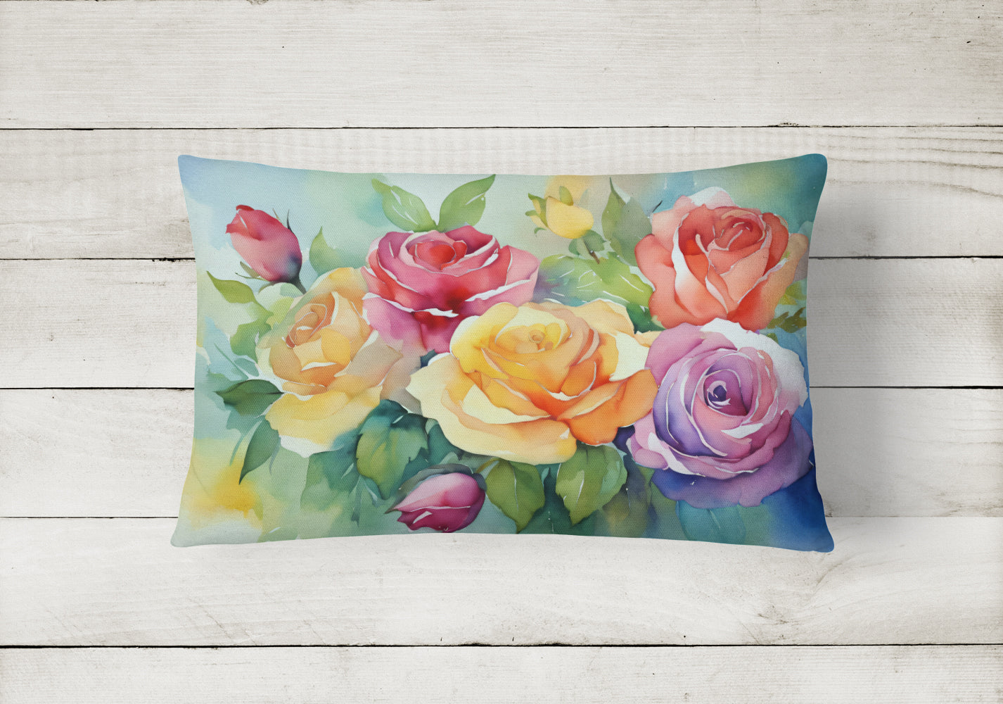 Roses in Watercolor Decorative Throw Pillow 12x16 Indoor Outdoor Accent Cushion, Fabric Cover with Insert for Sofa, Bed, Porch & Living Room