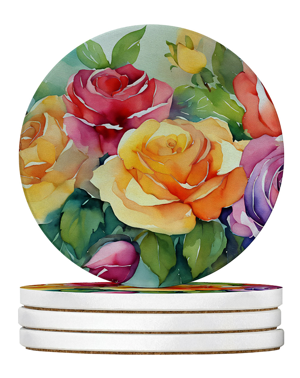 Roses in Watercolor Large Sandstone Coasters Pack of 4 Absorbent Round Coasters Decor Gifts for Men or Women, 4 in, Multicolor