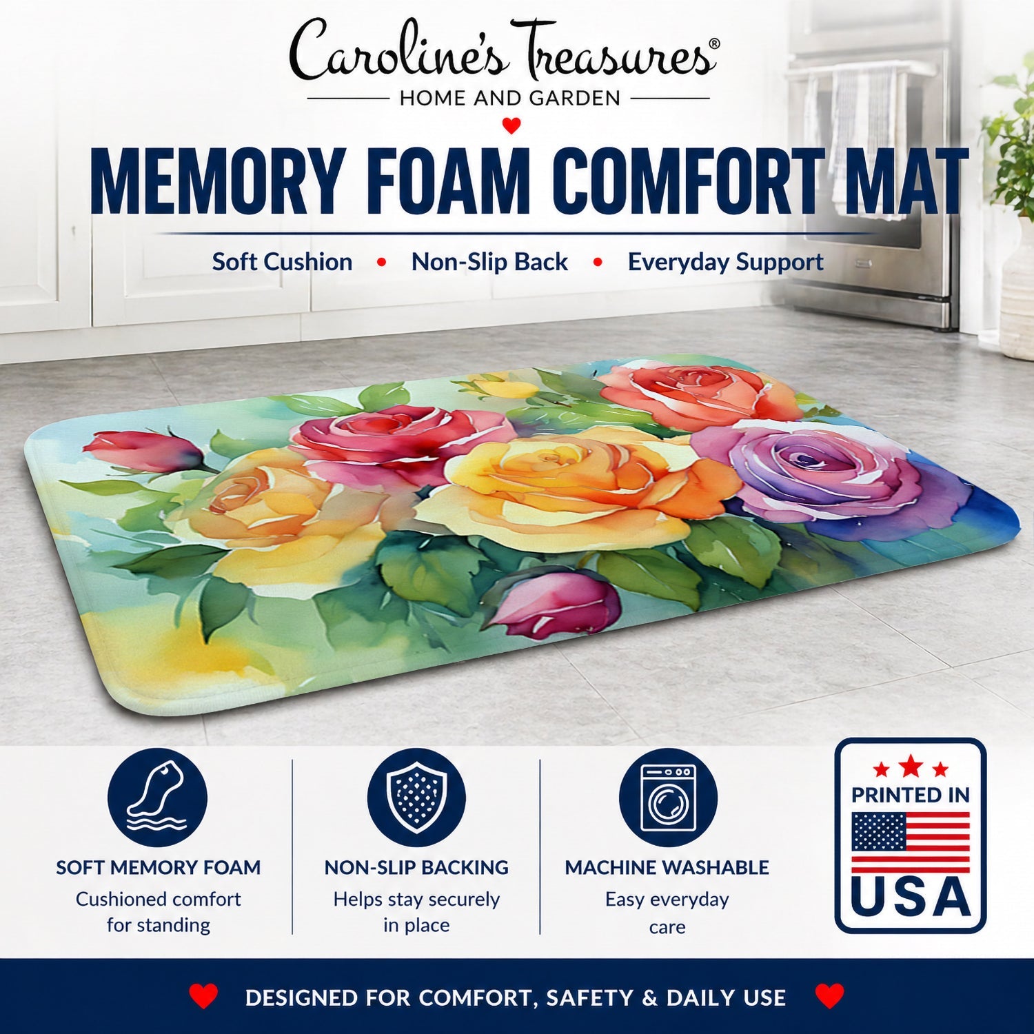 Roses in Watercolor Memory Foam Kitchen Mat Machine Washable Anti-Fatigue Cushion Comfort Bath or Kitchen Rug
