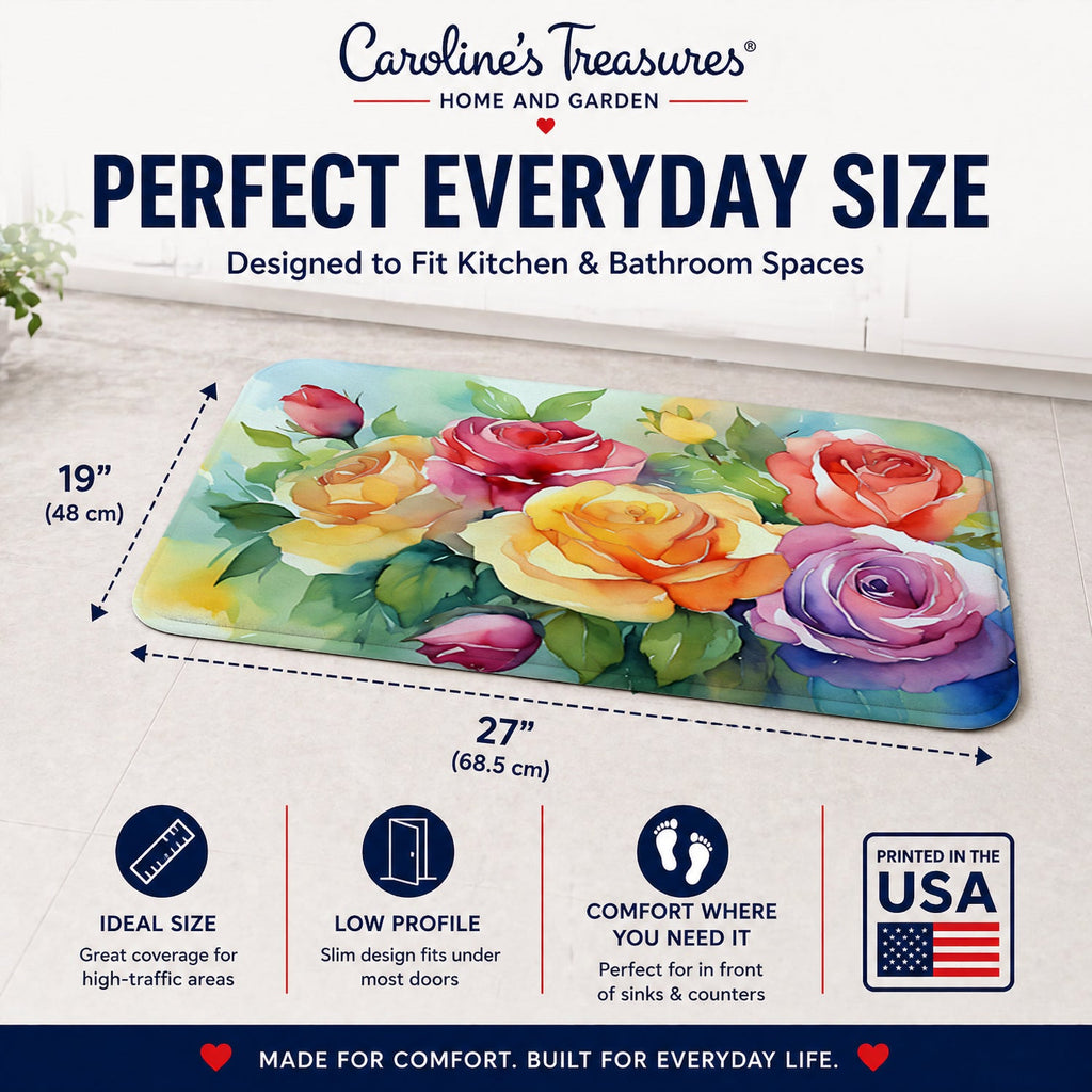 Roses in Watercolor Memory Foam Kitchen Mat Machine Washable Anti-Fatigue Cushion Comfort Bath or Kitchen Rug