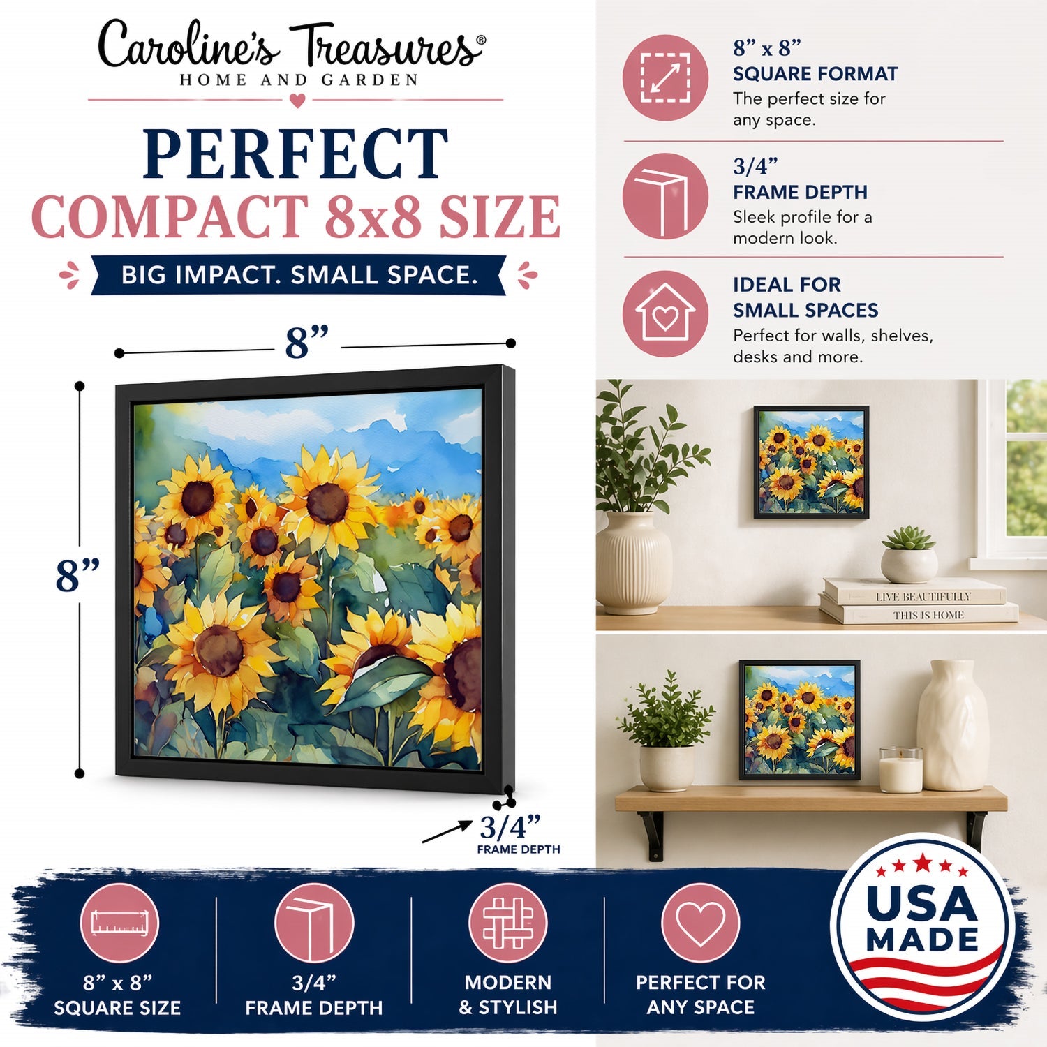 Sunflowers in Watercolor Framed Metal Print Bathroom, Kitchen, Office, Home Decor Wall Art Ready to Hang, Square, 8X8