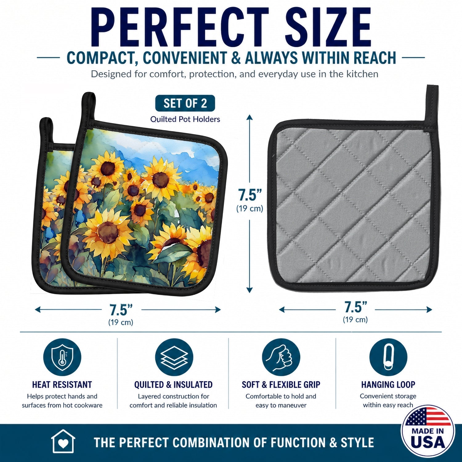 Sunflowers in Watercolor Pot Holder Set of 2 Heat Resistant Quilted Hot Pads 7.5 x 7.5 Inch, Insulated Kitchen Trivets for Cooking & Baking