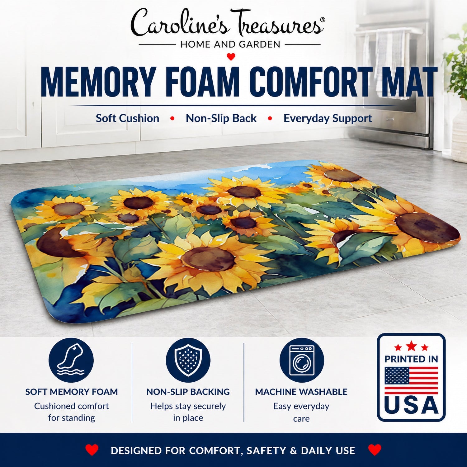 Sunflowers in Watercolor Memory Foam Kitchen Mat Machine Washable Anti-Fatigue Cushion Comfort Bath or Kitchen Rug