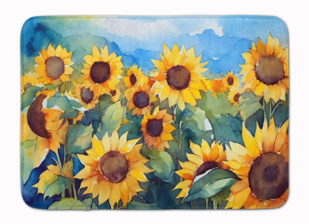 Sunflowers in Watercolor Memory Foam Kitchen Mat Machine Washable Anti-Fatigue Cushion Comfort Bath or Kitchen Rug