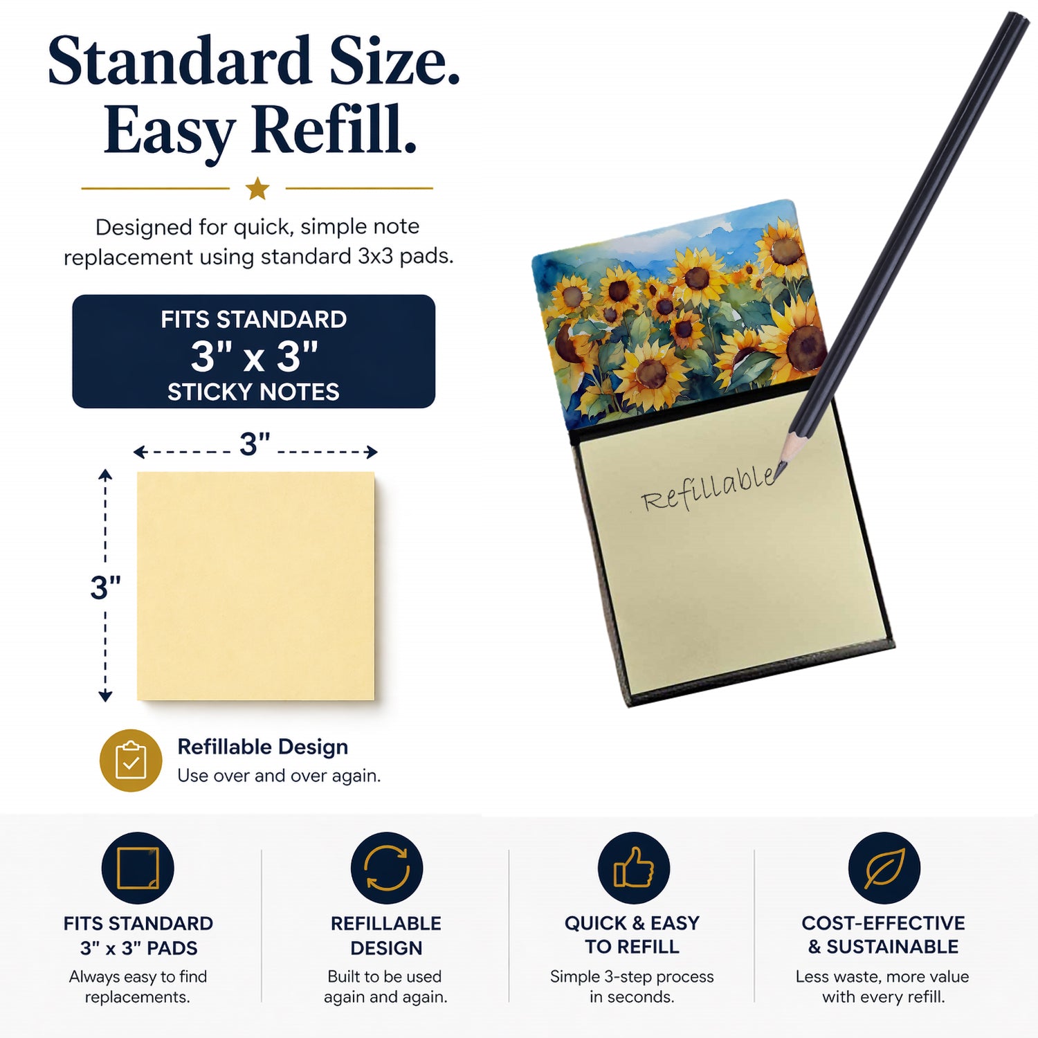 Sunflowers in Watercolor Watercolor Sticky Note Holder Refillable Dispenser Desk Accessory 3x3 Pad Gift