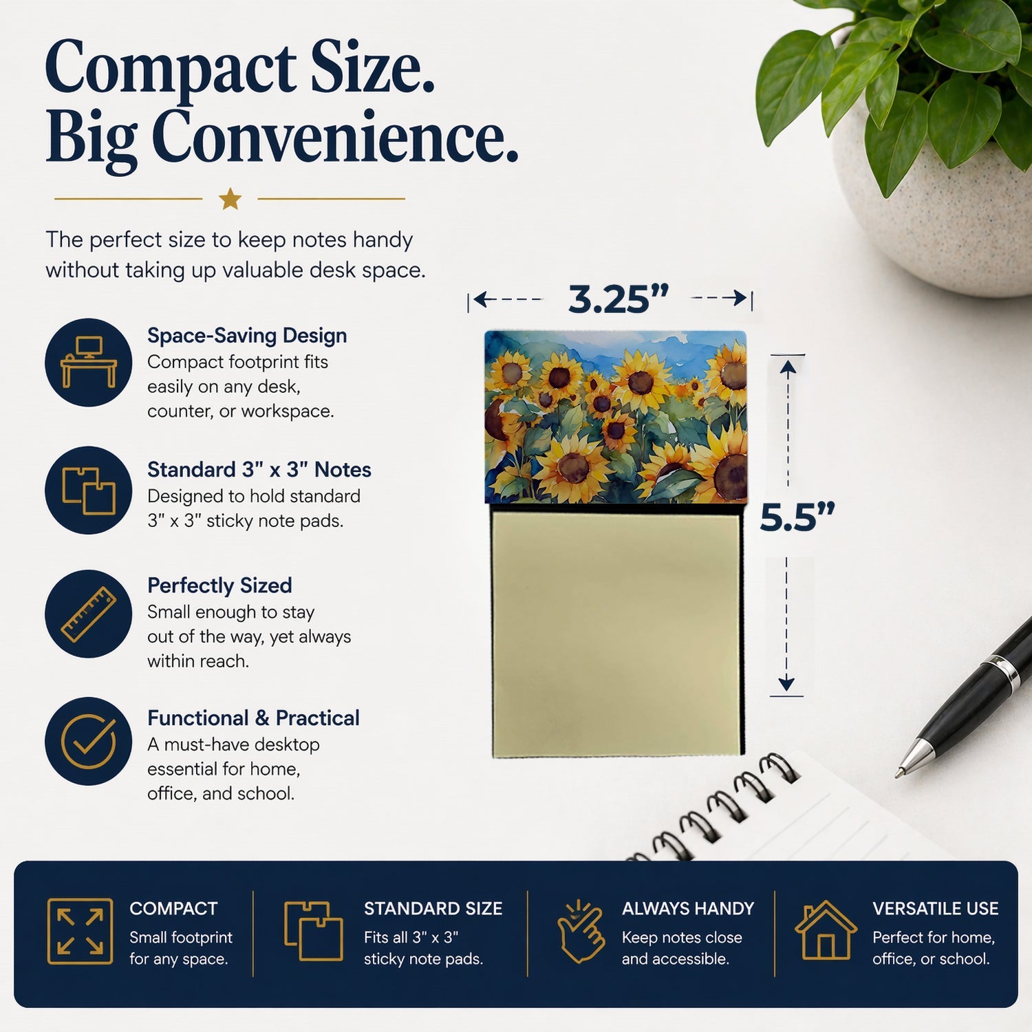 Sunflowers in Watercolor Watercolor Sticky Note Holder Refillable Dispenser Desk Accessory 3x3 Pad Gift