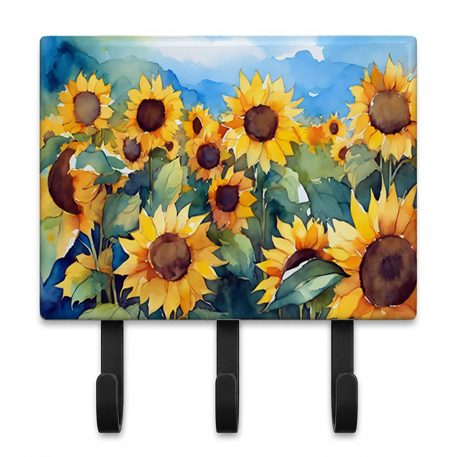 Sunflowers in Watercolor Leash or Key Holder Wall Hooks, Coat Rack Wall Mount, for Hanging Keys, Towels, Aprons, Leashes