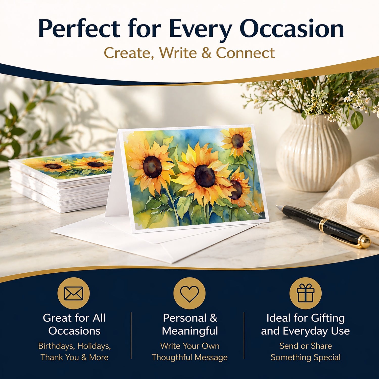 Sunflowers in Watercolor Greeting Cards Pack of 8 Blank Cards with Envelopes Whimsical A7 Size 5x7