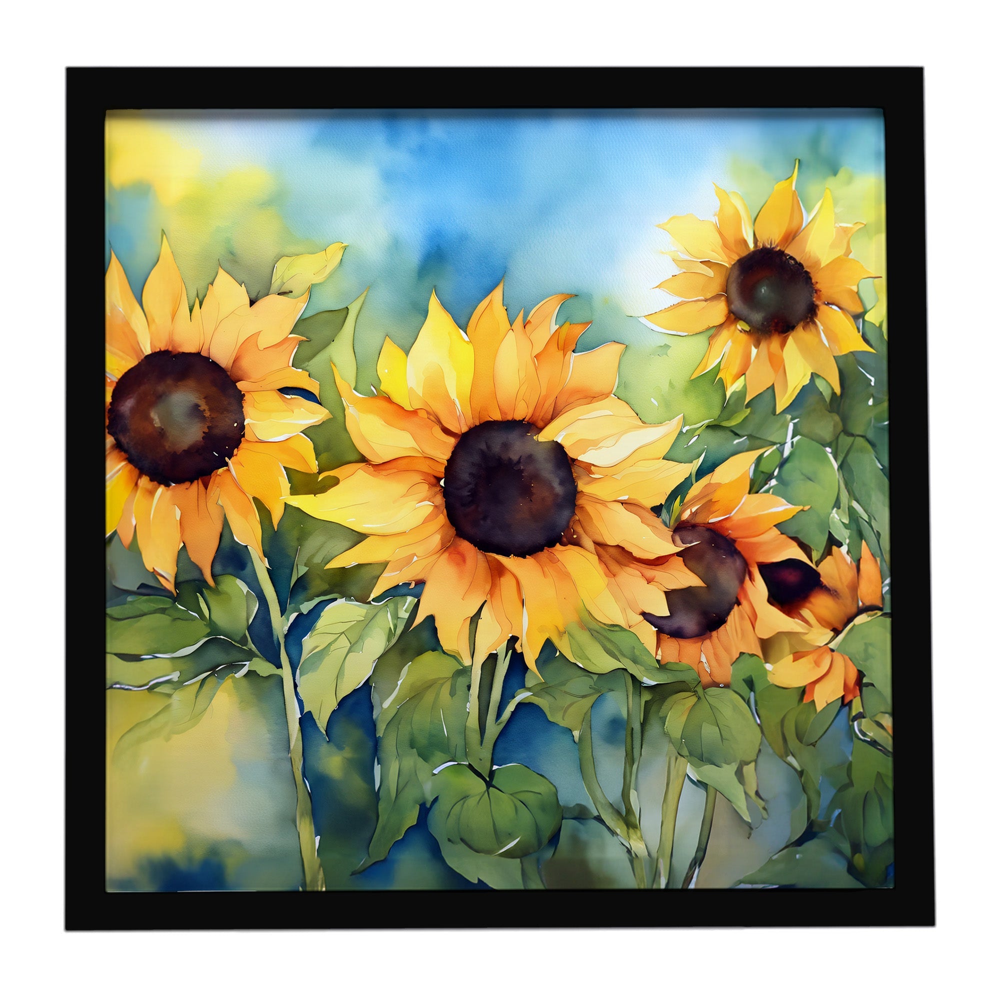 Sunflowers in Watercolor Framed Metal Print Bathroom, Kitchen, Office, Home Decor Wall Art Ready to Hang, Square, 8X8