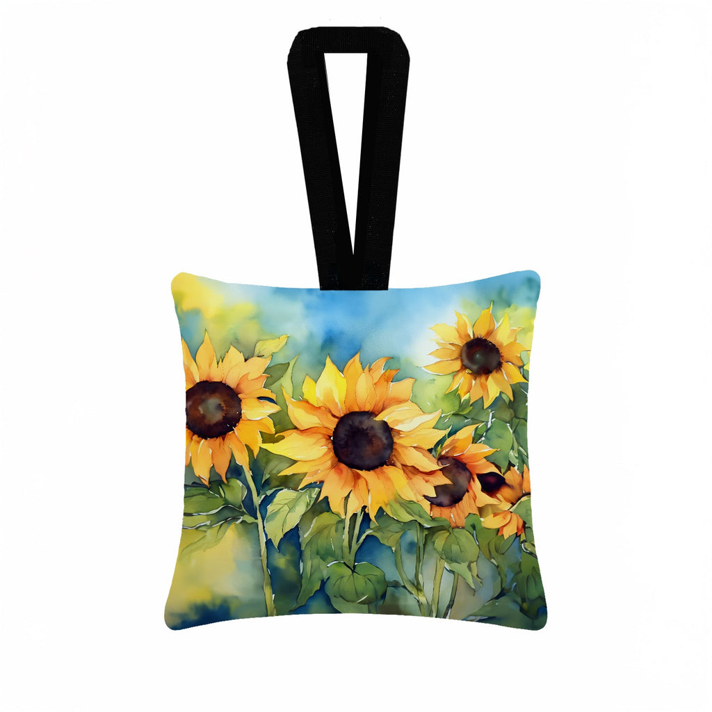 Sunflowers in Watercolor Hanging Square Fabric Ornament 3.5 × 3.5 Decorative Door-Knob & Tree Hanger, Soft Fabric