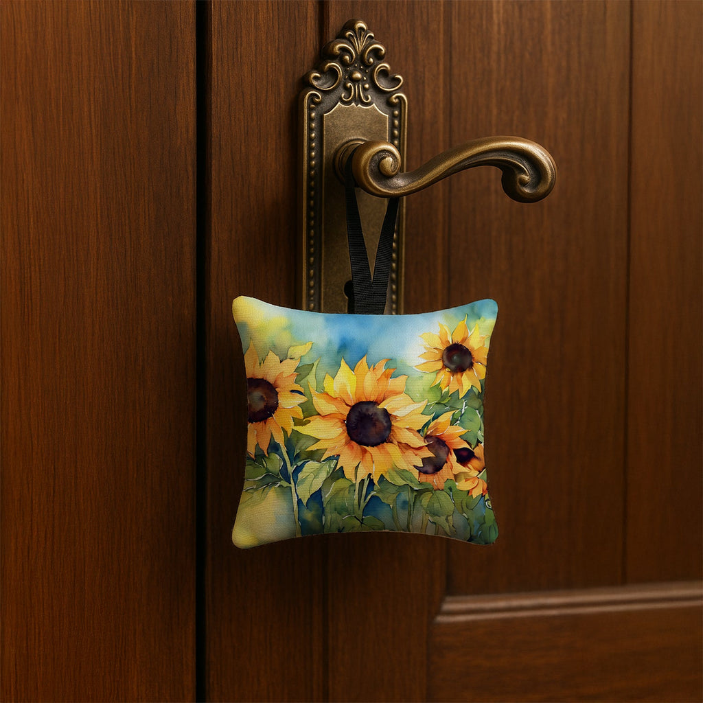 Sunflowers in Watercolor Hanging Square Fabric Ornament 3.5 × 3.5 Decorative Door-Knob & Tree Hanger, Soft Fabric