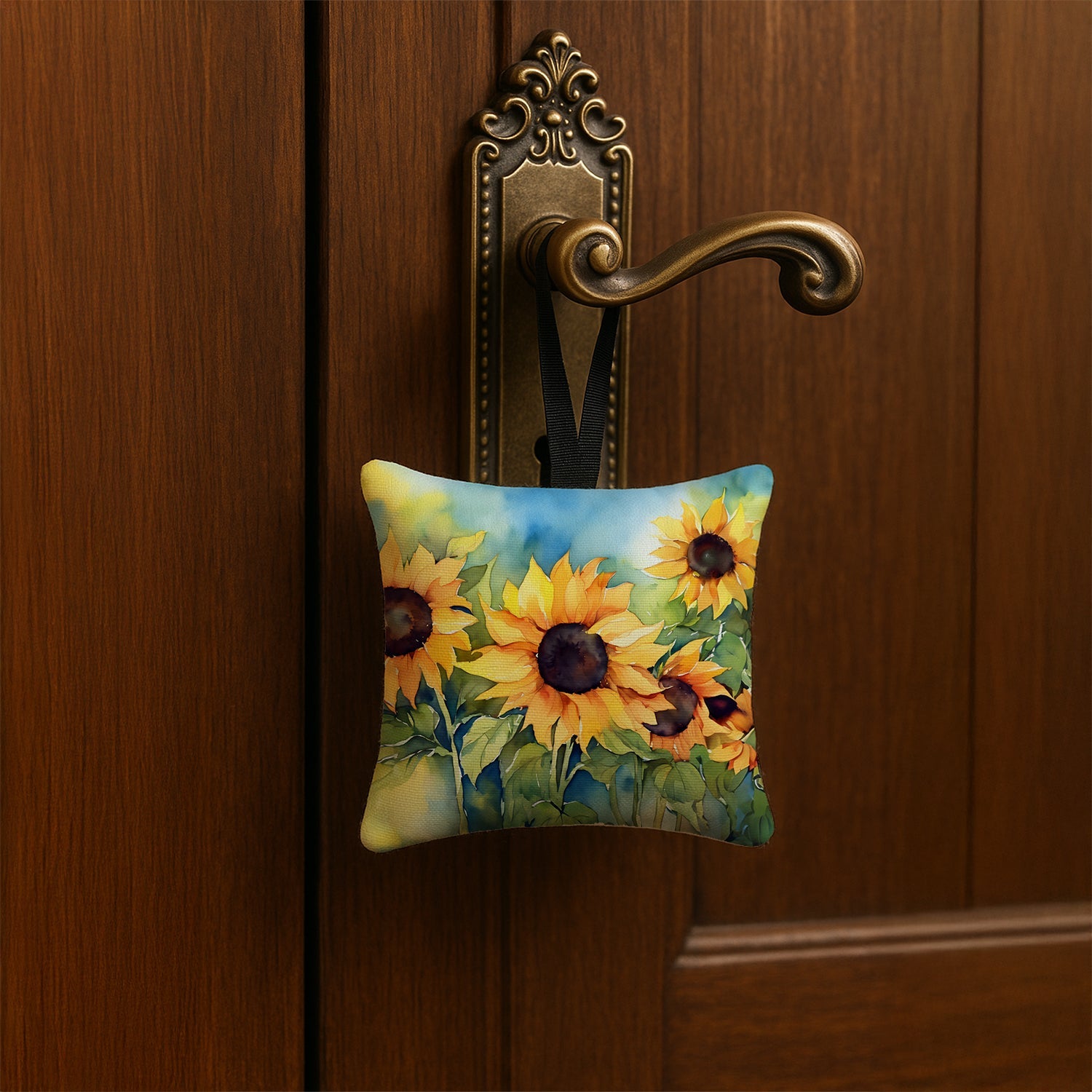 Sunflowers in Watercolor Hanging Square Fabric Ornament 3.5 × 3.5 Decorative Door-Knob & Tree Hanger, Soft Fabric