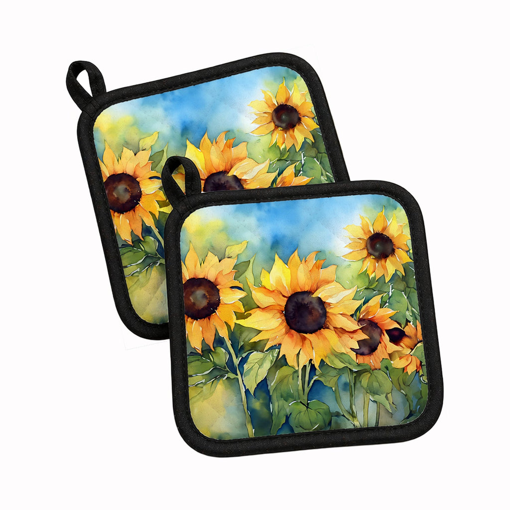 Sunflowers in Watercolor Pot Holder Set of 2 Heat Resistant Quilted Hot Pads 7.5 x 7.5 Inch, Insulated Kitchen Trivets for Cooking & Baking