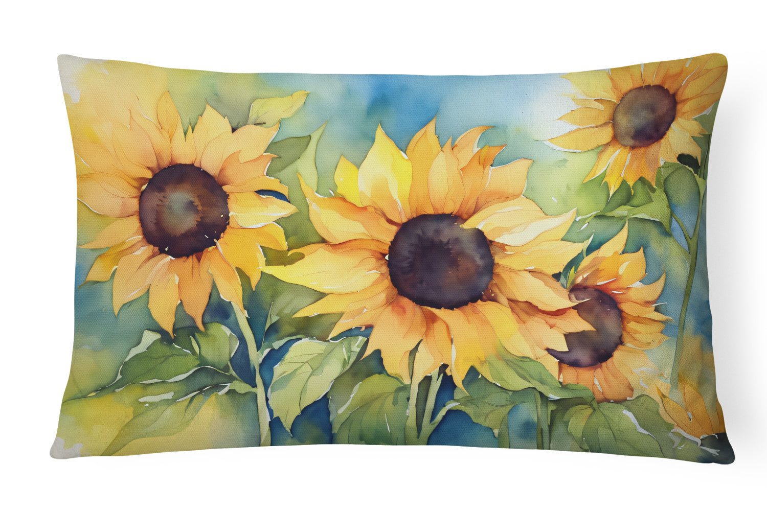 Sunflowers in Watercolor Decorative Throw Pillow 12x16 Indoor Outdoor Accent Cushion, Fabric Cover with Insert for Sofa, Bed, Porch & Living Room