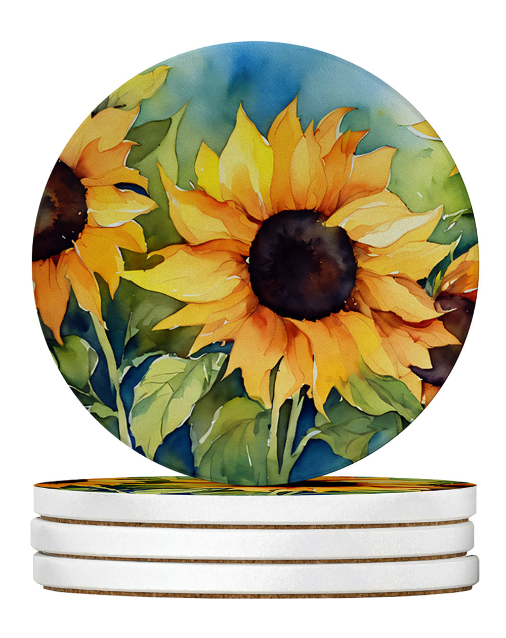 Sunflowers in Watercolor Large Sandstone Coasters Pack of 4 Absorbent Round Coasters Decor Gifts for Men or Women, 4 in, Multicolor