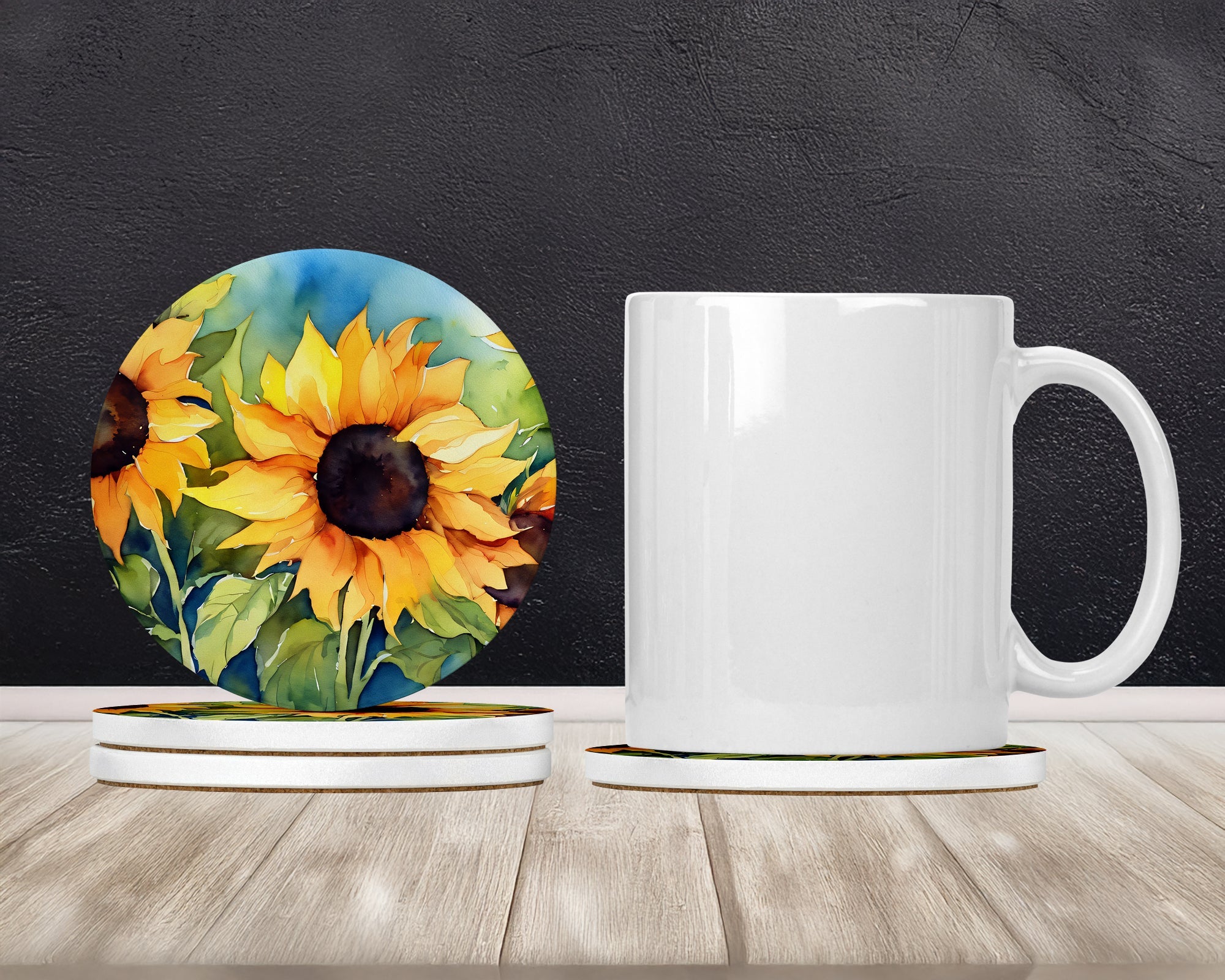 Sunflowers in Watercolor Large Sandstone Coasters Pack of 4 Absorbent Round Coasters Decor Gifts for Men or Women, 4 in, Multicolor