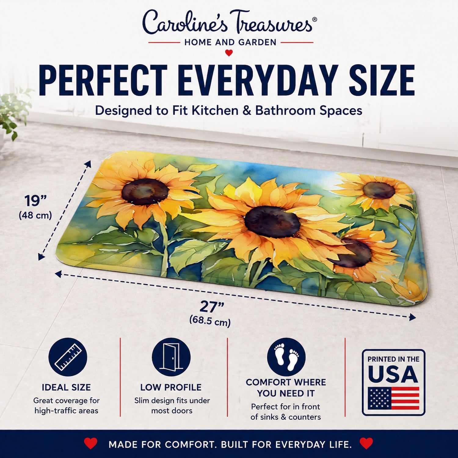 Sunflowers in Watercolor Memory Foam Kitchen Mat Machine Washable Anti-Fatigue Cushion Comfort Bath or Kitchen Rug