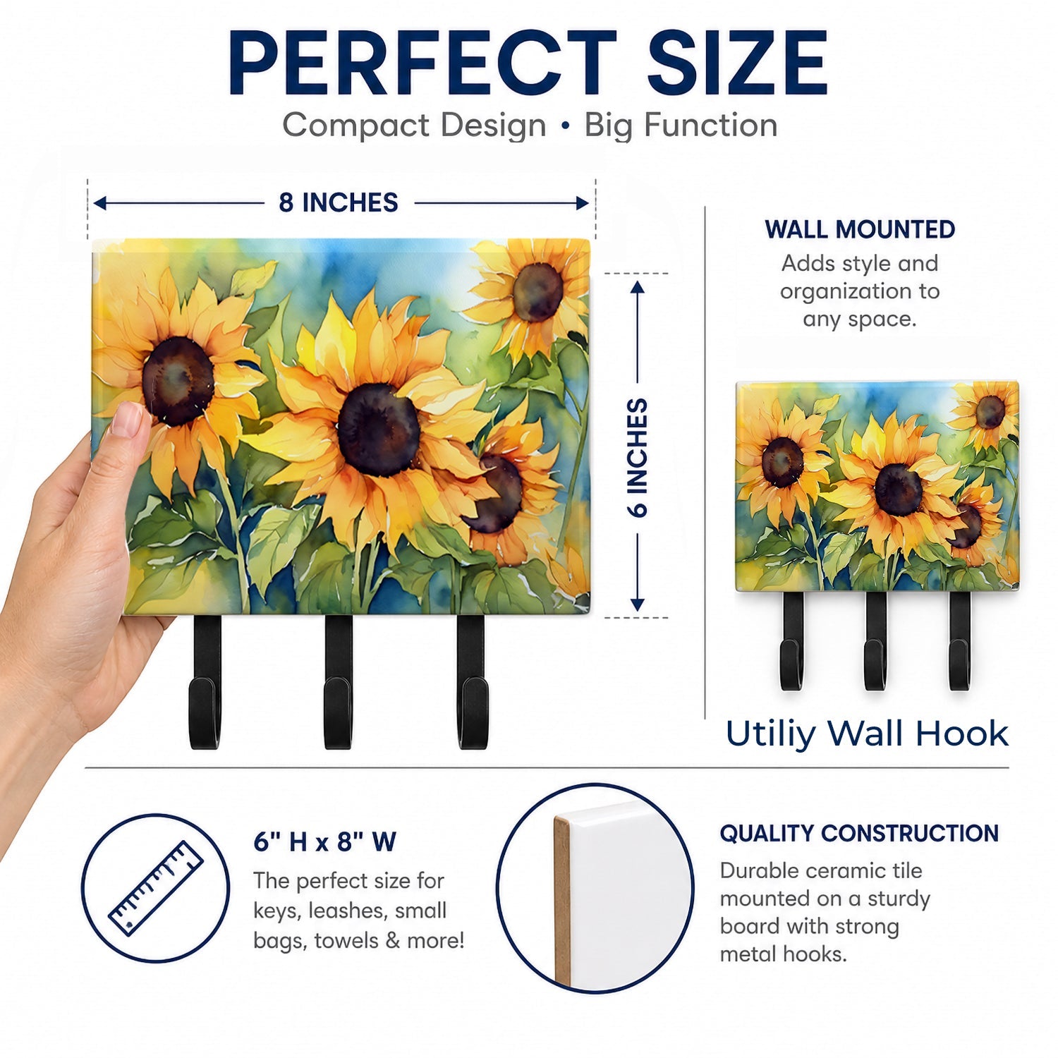 Sunflowers in Watercolor Leash or Key Holder Wall Hooks, Coat Rack Wall Mount, for Hanging Keys, Towels, Aprons, Leashes