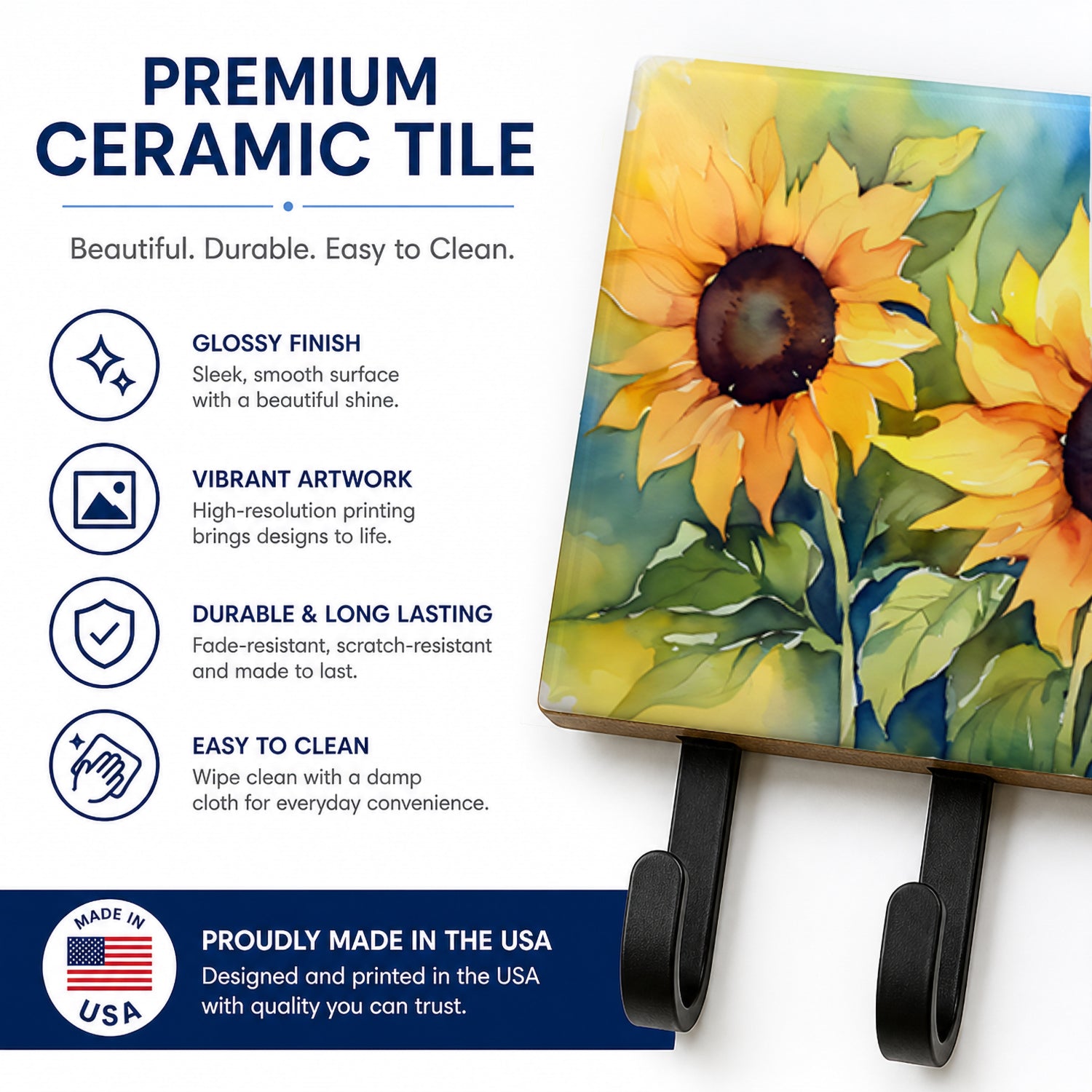 Sunflowers in Watercolor Leash or Key Holder Wall Hooks, Coat Rack Wall Mount, for Hanging Keys, Towels, Aprons, Leashes