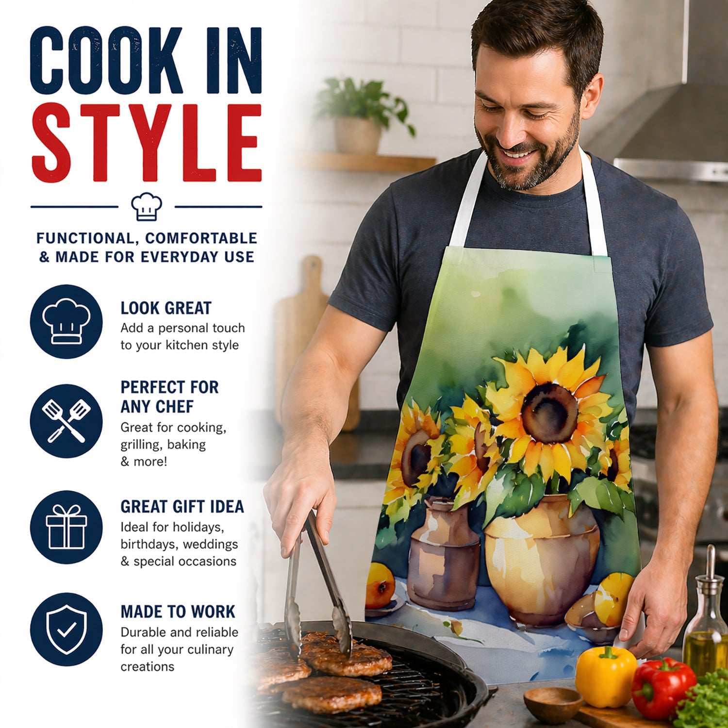 Sunflowers in Watercolor Apron Cooking Kitchen Server Baking Crafts Gardening for Adult Women Men, Unisex, Large, Multicolor