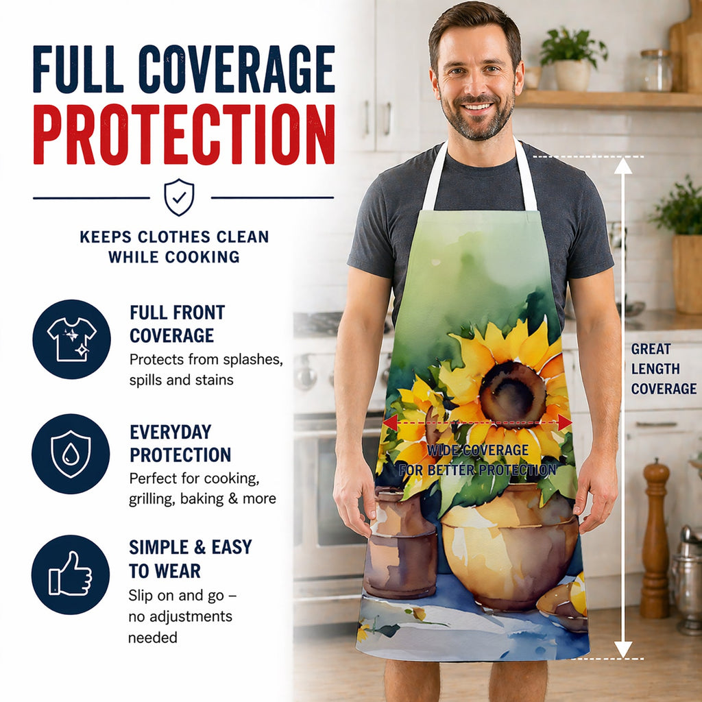 Sunflowers in Watercolor Apron Cooking Kitchen Server Baking Crafts Gardening for Adult Women Men, Unisex, Large, Multicolor