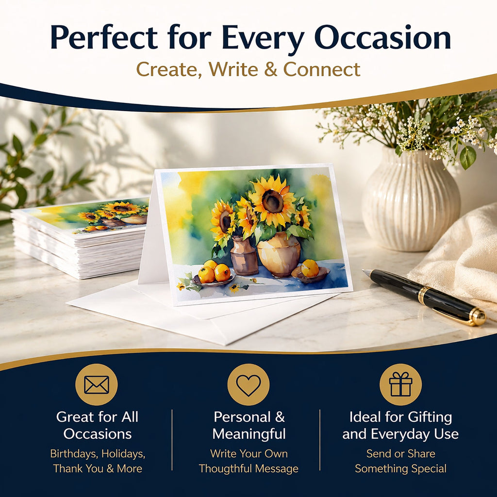 Sunflowers in Watercolor Greeting Cards Pack of 8 Blank Cards with Envelopes Whimsical A7 Size 5x7