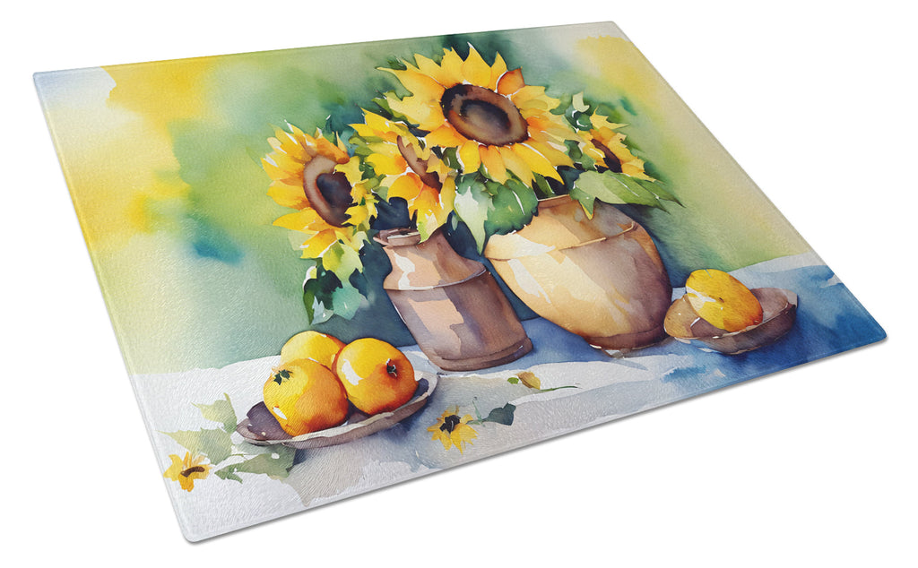Sunflowers in Watercolor Cutting Board Tempered Glass Kitchen Cutting Surface, Heat Resistant Chopping, Non-Slip Feet, Food Prep & Serving