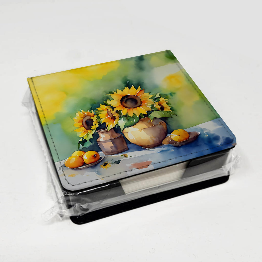 Sunflowers in Watercolor PU Leather Note Paper Holder with Artist-Designed Cover, Desk Accessory, Office Gift