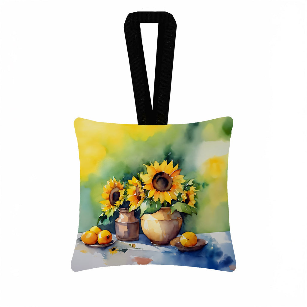Sunflowers in Watercolor Hanging Square Fabric Ornament 3.5 × 3.5 Decorative Door-Knob & Tree Hanger, Soft Fabric