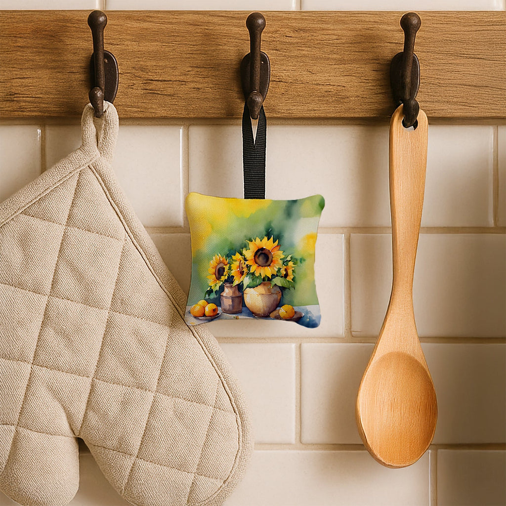 Sunflowers in Watercolor Hanging Square Fabric Ornament 3.5 × 3.5 Decorative Door-Knob & Tree Hanger, Soft Fabric