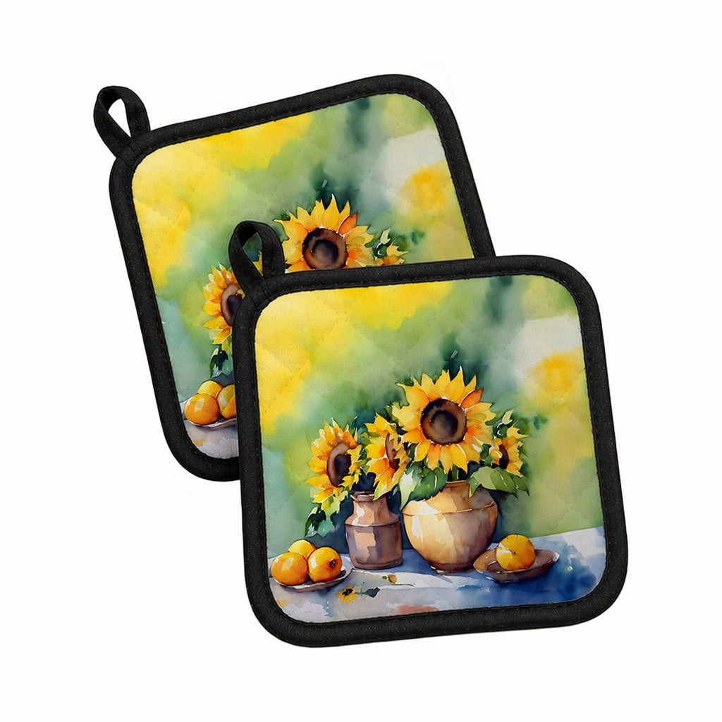 Sunflowers in Watercolor Pot Holder Set of 2 Heat Resistant Quilted Hot Pads 7.5 x 7.5 Inch, Insulated Kitchen Trivets for Cooking & Baking