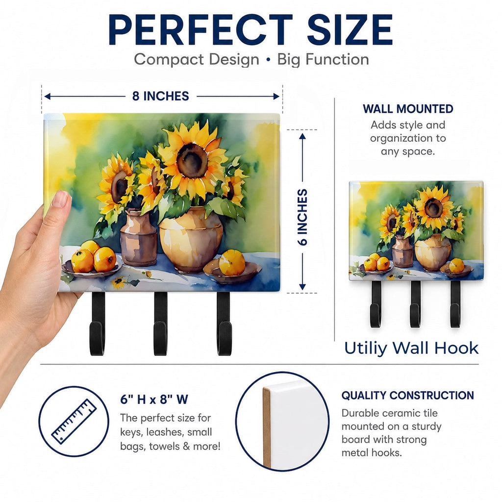Sunflowers in Watercolor Leash or Key Holder Wall Hooks, Coat Rack Wall Mount, for Hanging Keys, Towels, Aprons, Leashes