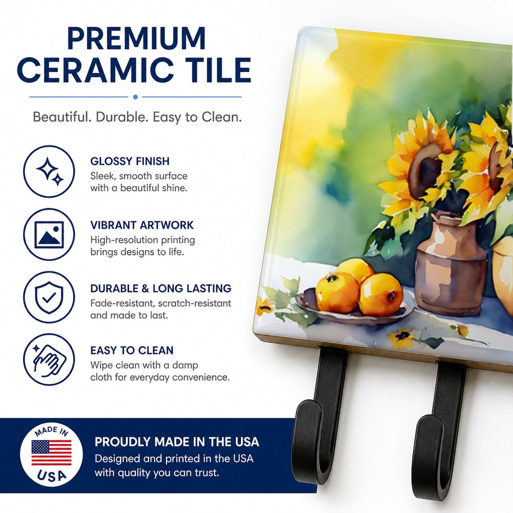 Sunflowers in Watercolor Leash or Key Holder Wall Hooks, Coat Rack Wall Mount, for Hanging Keys, Towels, Aprons, Leashes