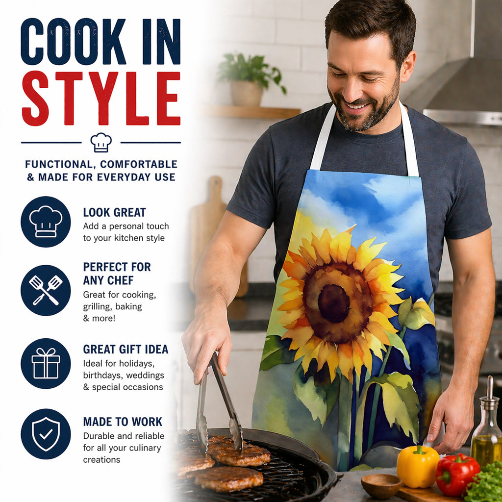 Sunflowers in Watercolor Apron Cooking Kitchen Server Baking Crafts Gardening for Adult Women Men, Unisex, Large, Multicolor