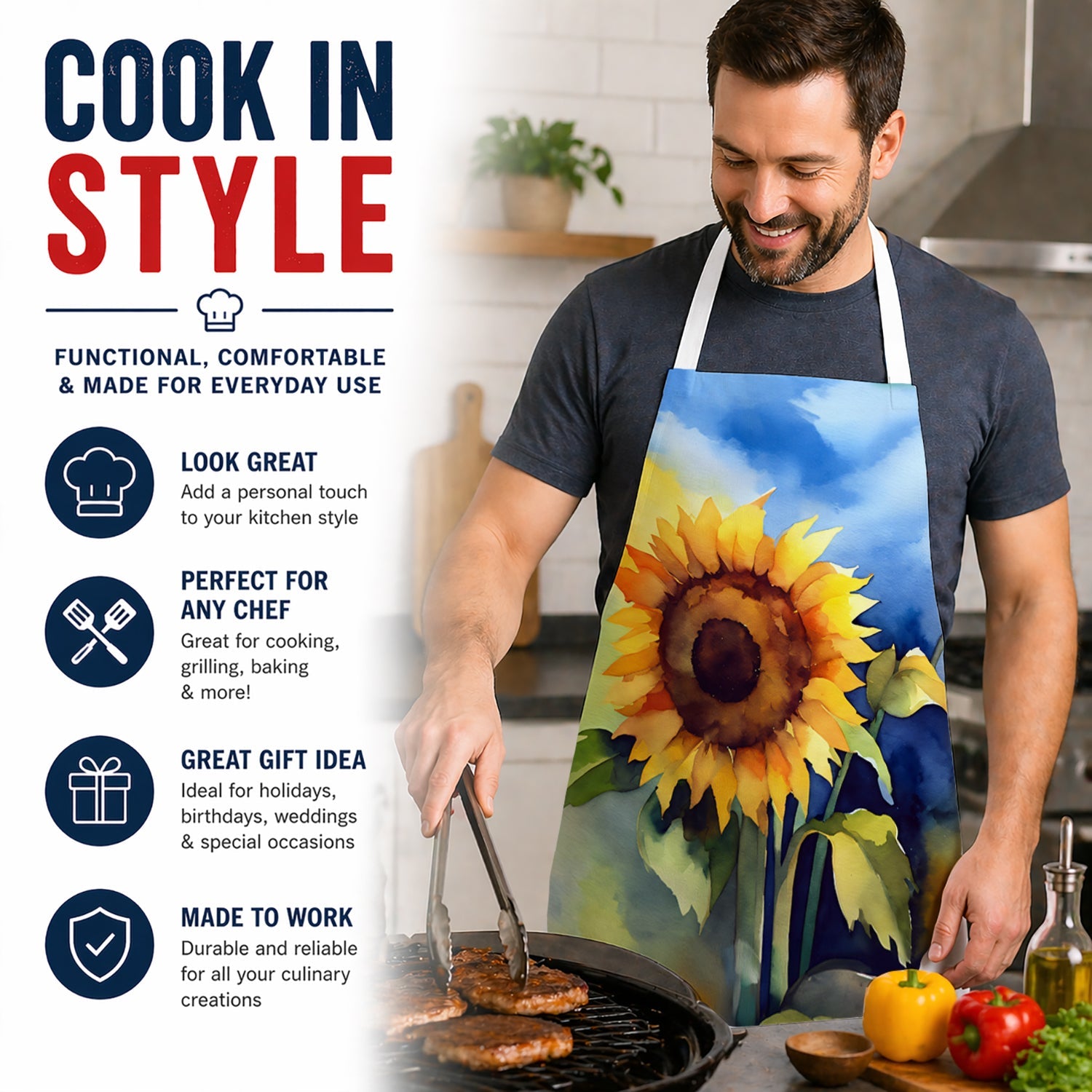Sunflowers in Watercolor Apron Cooking Kitchen Server Baking Crafts Gardening for Adult Women Men, Unisex, Large, Multicolor