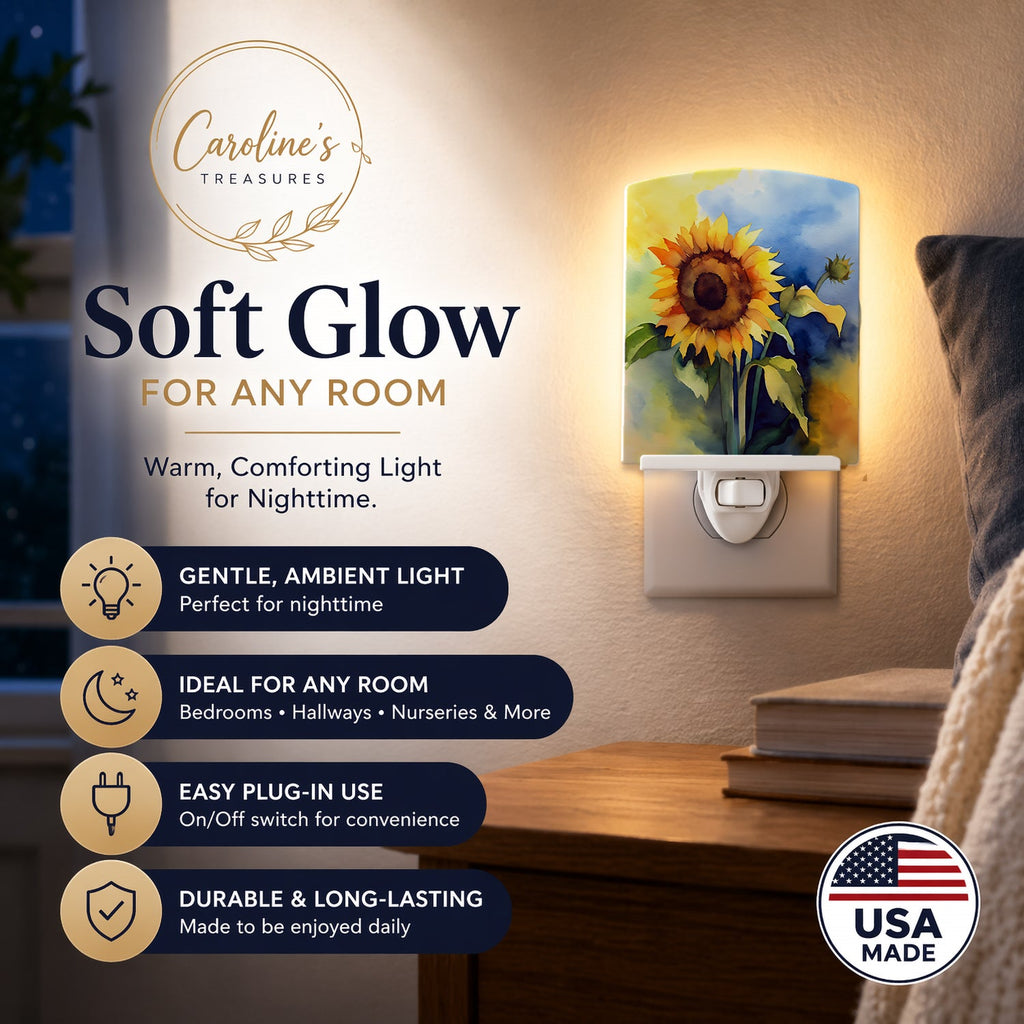 Sunflowers in Watercolor Ceramic Night Light Compact, UL-Certified, Ideal for Bedroom, Bathroom, Nursery, Hallway, Kitchen, 6x4x3, Multicolor