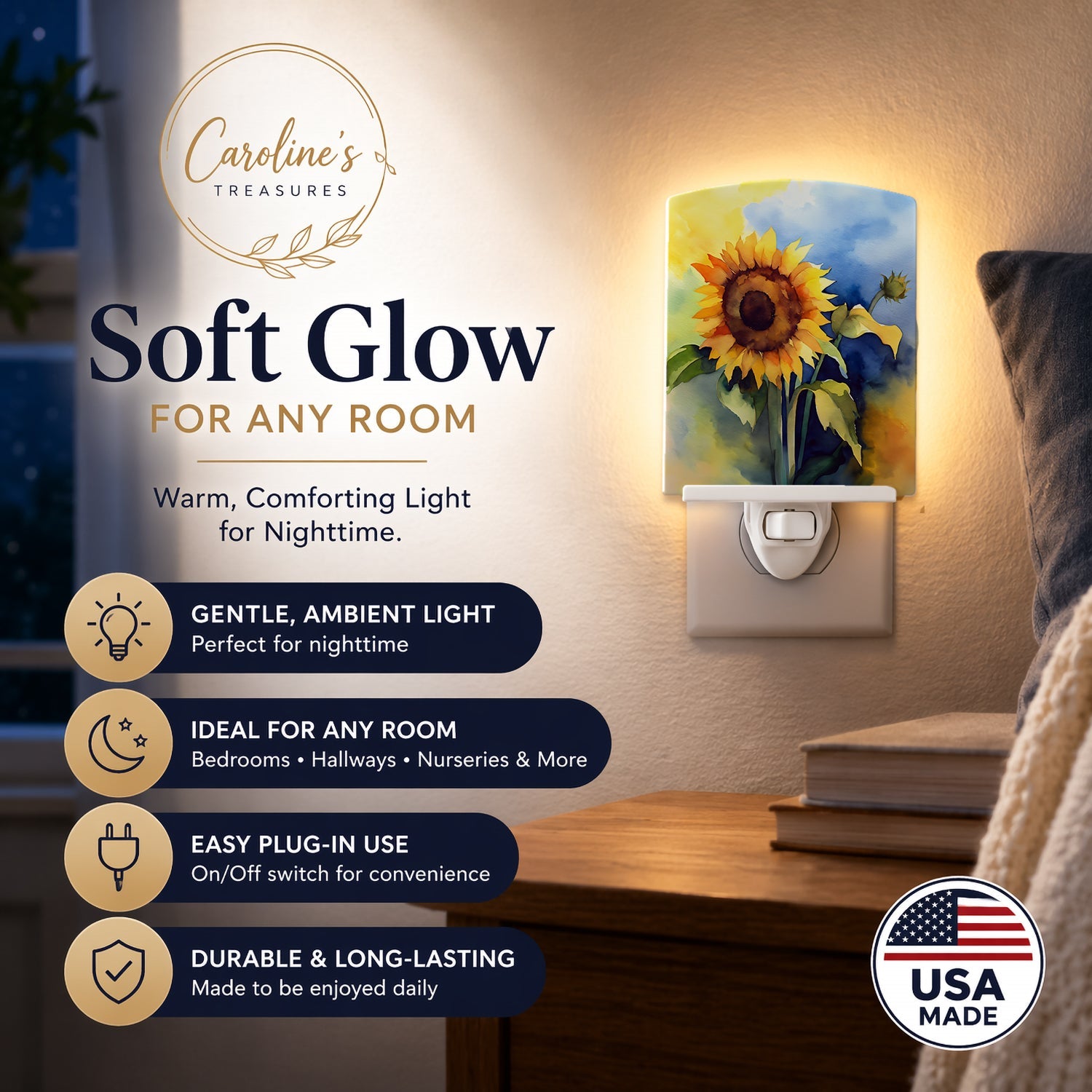 Sunflowers in Watercolor Ceramic Night Light Compact, UL-Certified, Ideal for Bedroom, Bathroom, Nursery, Hallway, Kitchen, 6x4x3, Multicolor