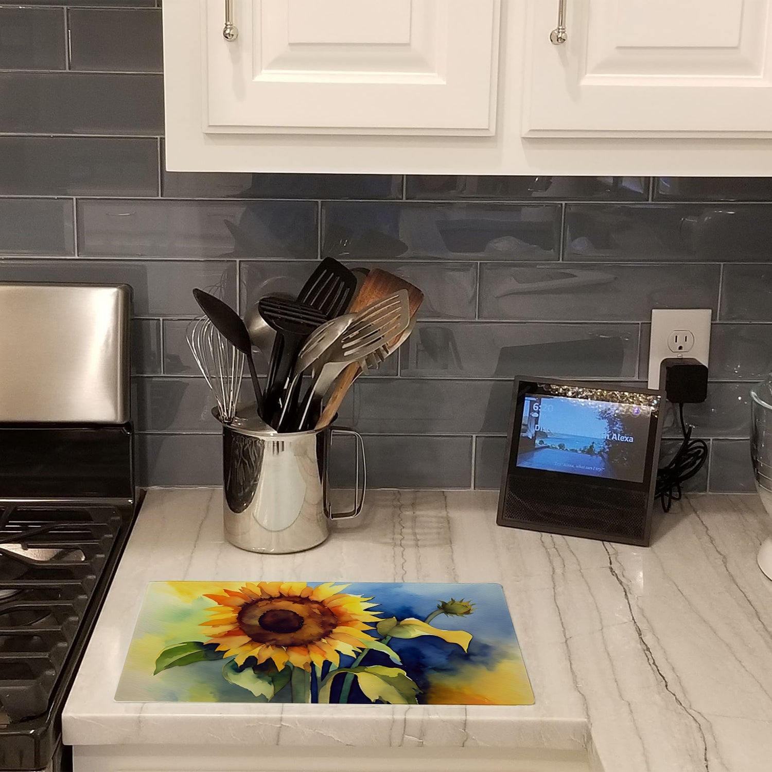 Sunflowers in Watercolor Cutting Board Tempered Glass Kitchen Cutting Surface, Heat Resistant Chopping, Non-Slip Feet, Food Prep & Serving